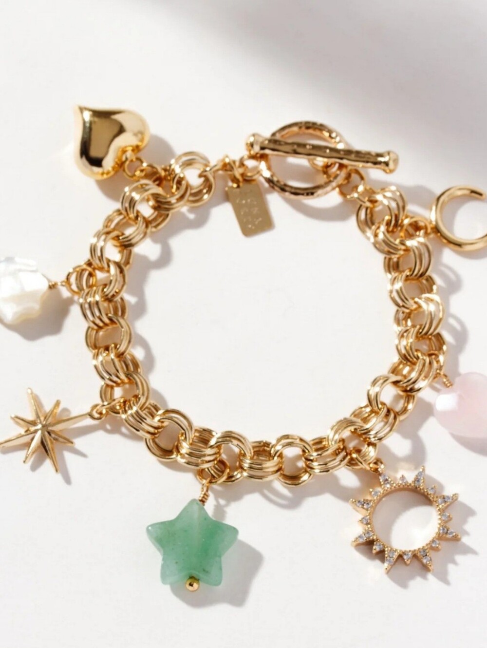 Luna Norte, Gold Charm Bracelet with Green, Pink and Cream Stone Charms